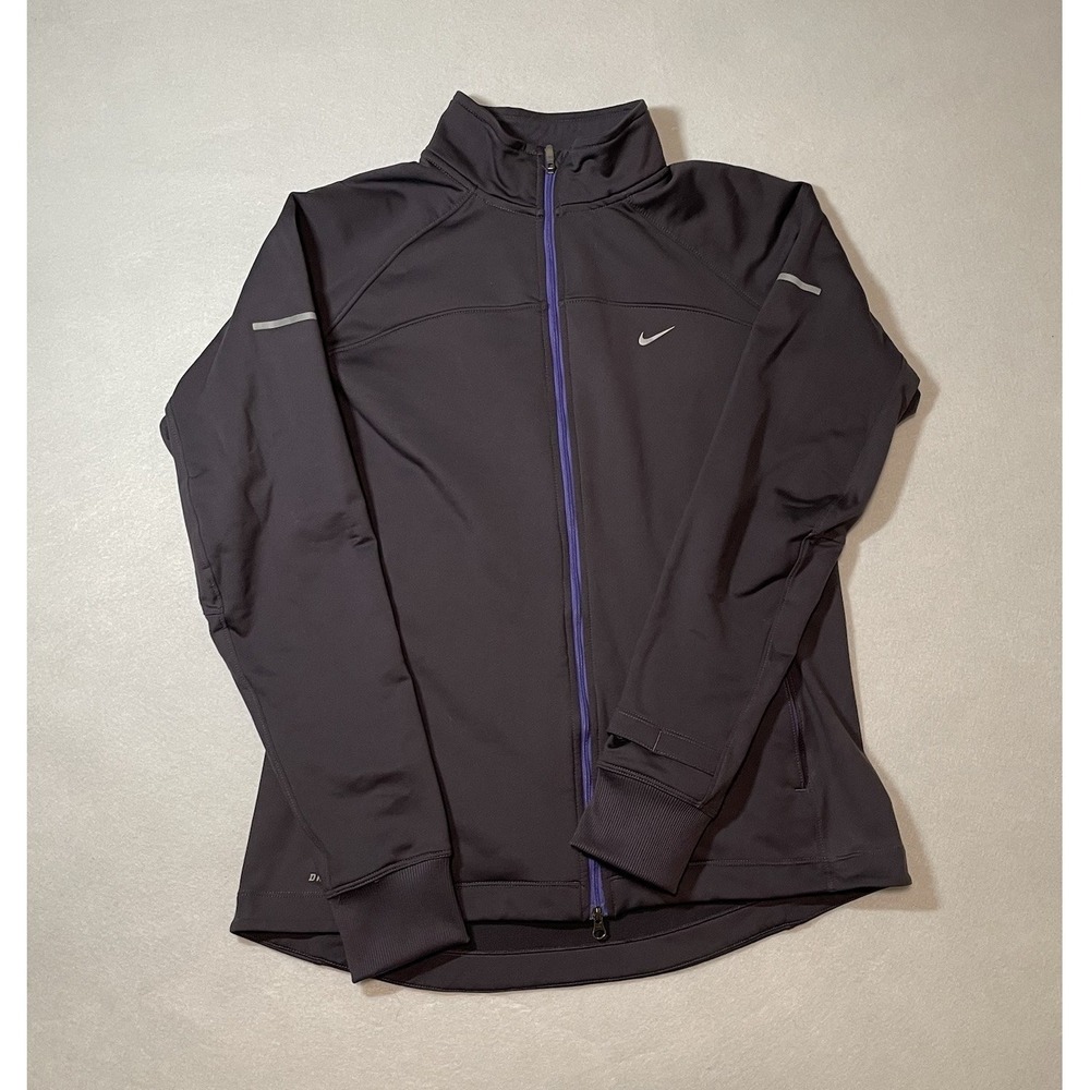 Nike Running Dri-FIT Full Zip Jacket Womens Large Grey Purple Thumbholes Fleece - Picture 3 of 10